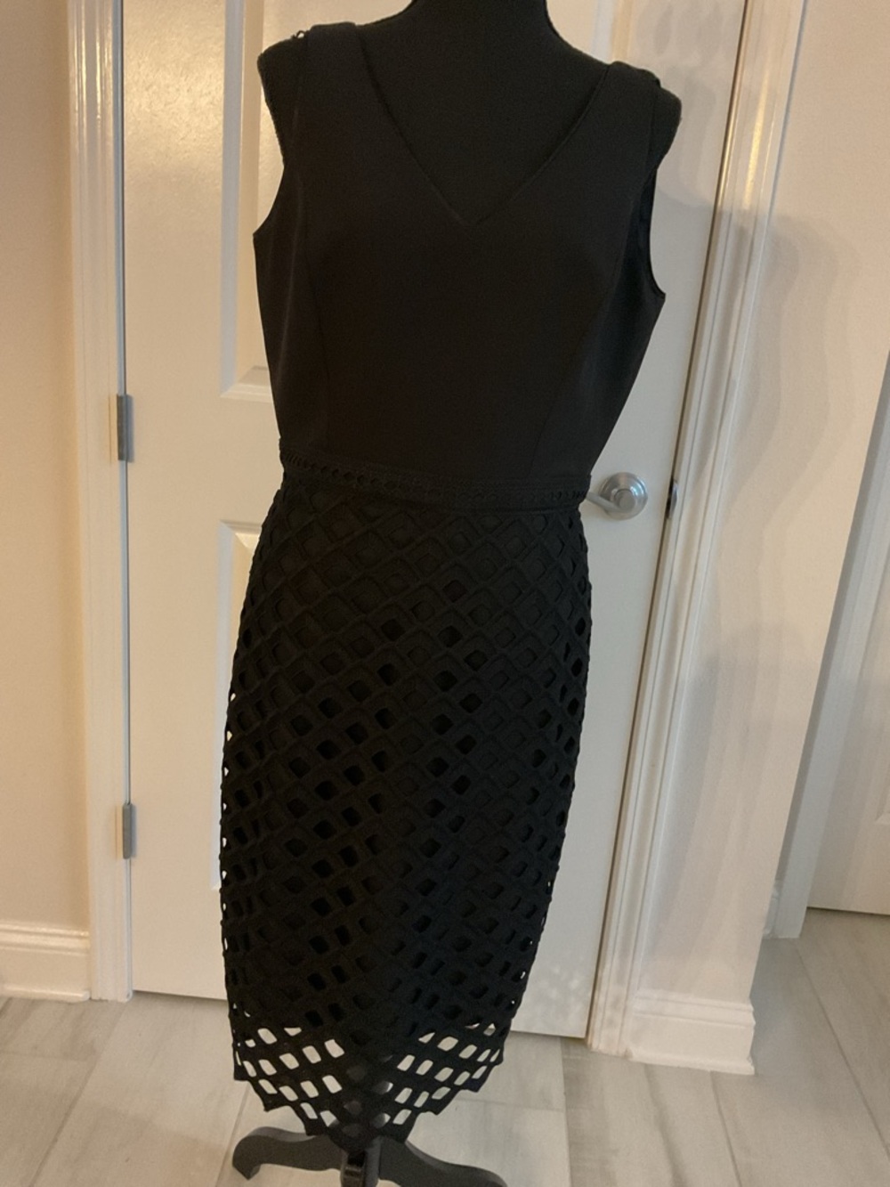 White House Black Market Black Sleeveless V-Neck Midi Dress with Lattice Overlay